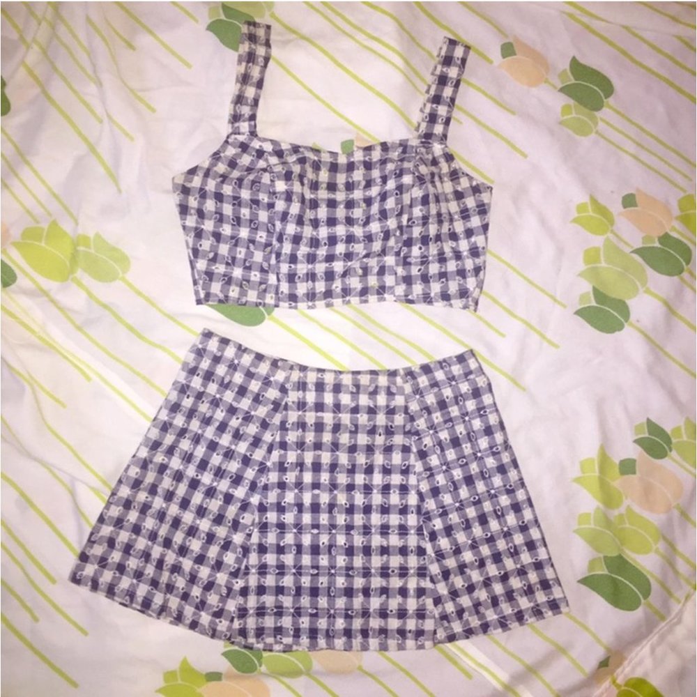 Reformation Scott 2 piece gingham mini skirt camisole crop top co ord set dress